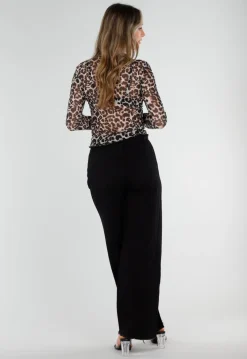Bruine Panterprint Mesh Top met Lange Mouwen