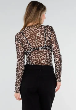 Bruine Panterprint Mesh Top met Lange Mouwen