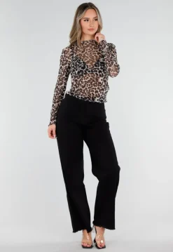 Bruine Panterprint Mesh Top met Lange Mouwen