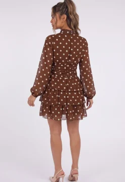 Bruine Polkadot Mini Jurk met Lange Mouwen en Hoge Hals