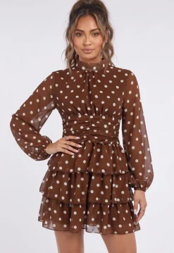 Bruine Polkadot Mini Jurk met Lange Mouwen en Hoge Hals