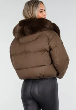 Bruine Pufferjas met Brede Bontkraag en Elastische Zoom
