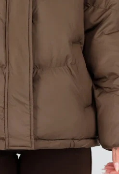 Bruine Puffer Jas met Hoge Kraag en Capuchon