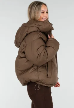 Bruine Puffer Jas met Hoge Kraag en Capuchon