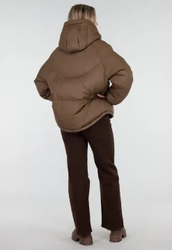 Bruine Puffer Jas met Hoge Kraag en Capuchon