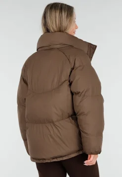 Bruine Puffer Jas met Hoge Kraag en Capuchon