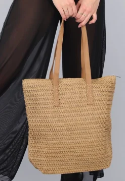 Bruine Raffia Tote Tas met Bruine Lederlook Banden