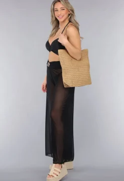 Bruine Raffia Tote Tas met Bruine Lederlook Banden