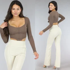 Bruine Rib Longsleeve Top met Korset Detail