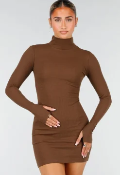 Bruine Rib Midi Jurk met Col en Lange Mouwen