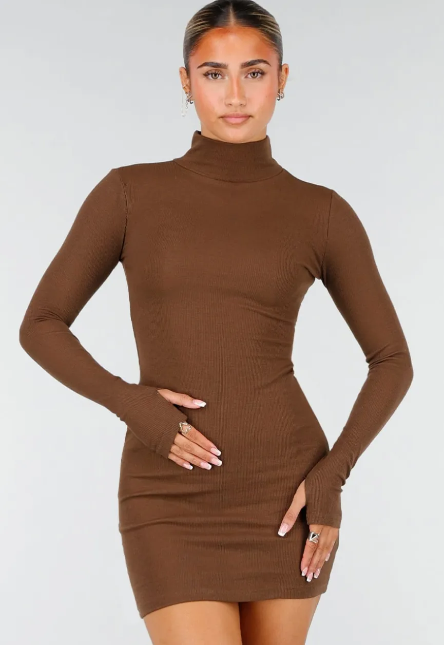 Bruine Rib Midi Jurk met Col en Lange Mouwen
