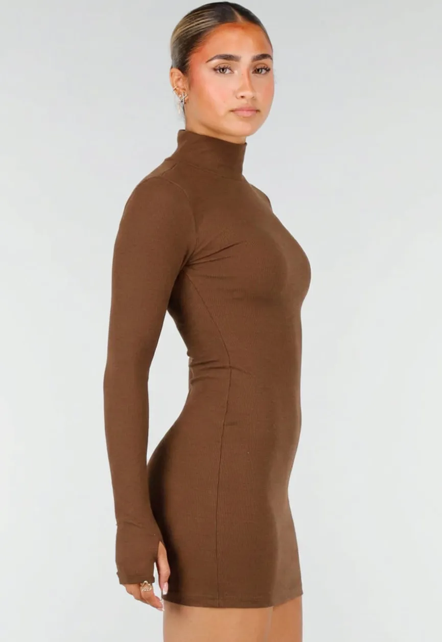 Bruine Rib Midi Jurk met Col en Lange Mouwen