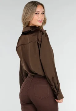 Bruine Satijnen Blouse met Lange Mouwen en Knoopsluiting