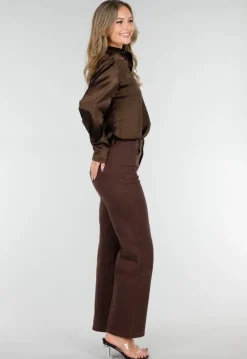 Bruine Satijnen Blouse met Lange Mouwen en Knoopsluiting