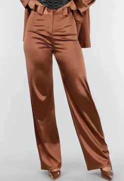 Bruine Satijnen Pantalon met Hoge Taille