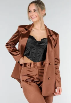 Bruine Satijnlook Blazer met Licht Getailleerde Pasvorm en Dubbele Knopen