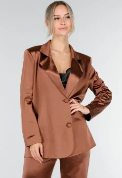 Bruine Satijnlook Blazer met Licht Getailleerde Pasvorm en Dubbele Knopen