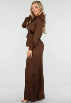 Bruine Satijnlook Set met Blouse en Wide Leg Broek