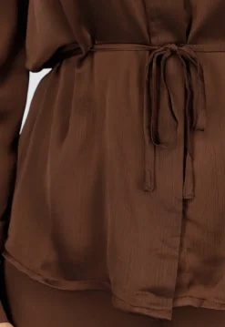 Bruine Satijnlook Set met Blouse en Wide Leg Broek