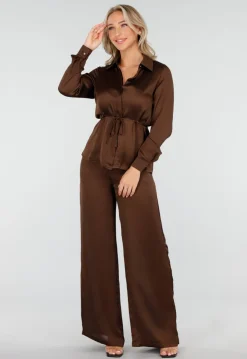 Bruine Satijnlook Set met Blouse en Wide Leg Broek
