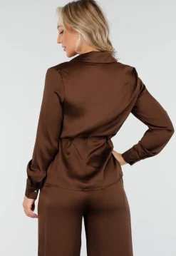 Bruine Satijnlook Set met Blouse en Wide Leg Broek
