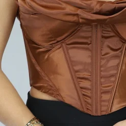 Bruine Satin Korset Top met Gedrapeerd Detail