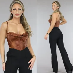 Bruine Satin Korset Top met Gedrapeerd Detail