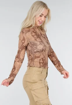 Bruine Semi-Transparante Mesh Top met Paisley Print