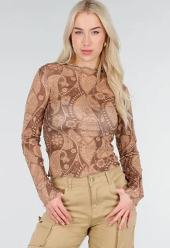 Bruine Semi-Transparante Mesh Top met Paisley Print
