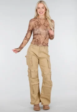 Bruine Semi-Transparante Mesh Top met Paisley Print
