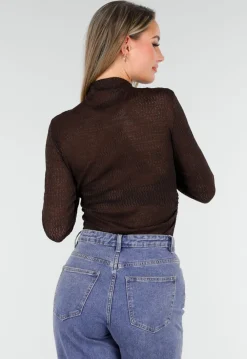 Bruine Semi Transparante Mesh Top met Lange Mouwen