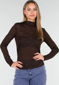 Bruine Semi Transparante Mesh Top met Lange Mouwen