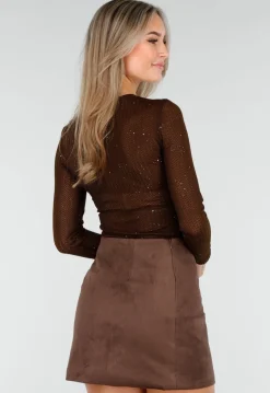 Bruine Semi-Transparante Top met Lange Mouwen en Glitterdetails