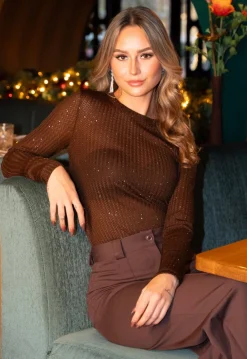 Bruine Semi-Transparante Top met Lange Mouwen en Glitterdetails