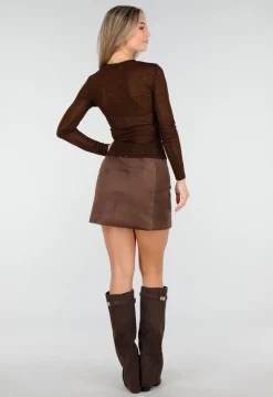Bruine Semi-Transparante Top met Lange Mouwen en Glitterdetails