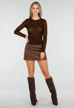 Bruine Semi-Transparante Top met Lange Mouwen en Glitterdetails