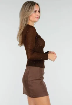 Bruine Semi-Transparante Top met Lange Mouwen en Glitterdetails