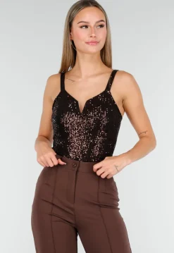Bruine Sequin Bodysuit met Diepe V-Hals en Pailletten