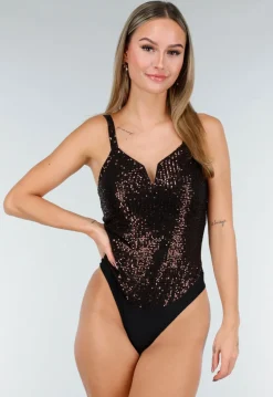 Bruine Sequin Bodysuit met Diepe V-Hals en Pailletten