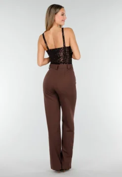 Bruine Sequin Bodysuit met Diepe V-Hals en Pailletten