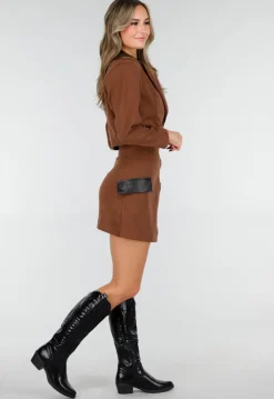 Bruine Set met Rok en Blazer met Lederlookdetails
