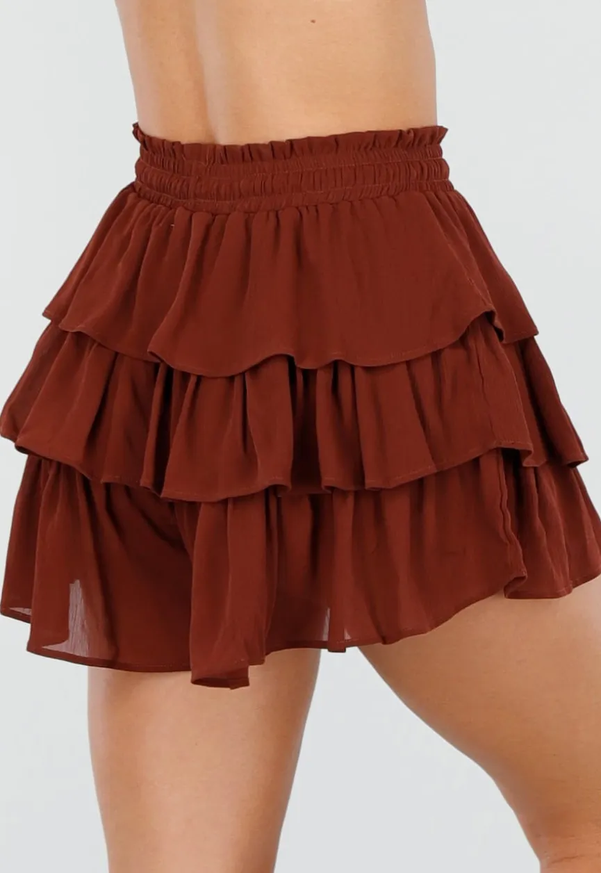 Bruine Skort met Ruches en Stretch
