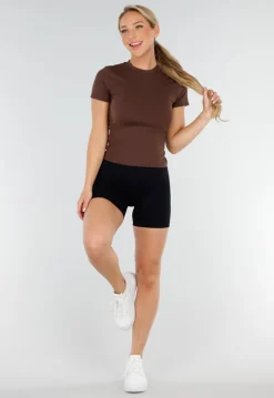 Bruine Sporttop met Ronde Hals, Korte Mouwen en Stretch