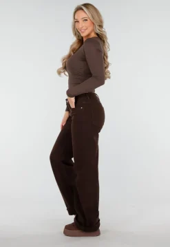 Bruine Straight Leg Stretch Jeans met Hoge Taille en Rechte Pijpen