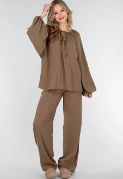 Bruine Stretch Blouse met Striksluiting en Wijde Mouwen
