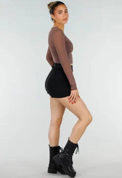 Bruine Stretch Mesh Crop Top met Losse Top en Pads