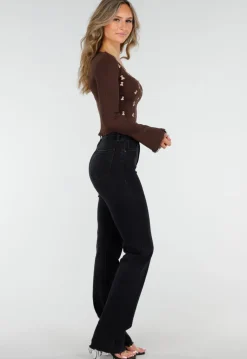 Bruine Stretch Rib Top met Teddybeertjes en Vierkante Halslijn