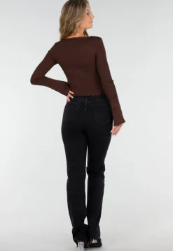 Bruine Stretch Rib Top met Teddybeertjes en Vierkante Halslijn