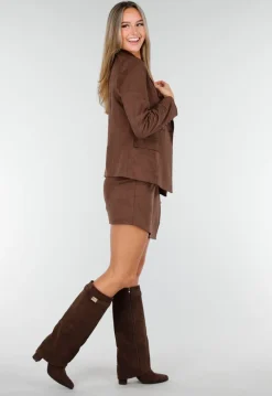 Bruine Stretch Suede Double Breasted Blazer