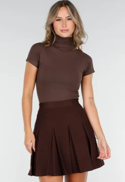 Bruine Stretch Top met Col en Korte Mouwen